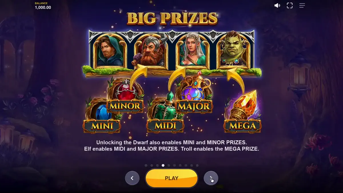 Pemandangan hutan fantasi mistis dalam slot Land of Riches