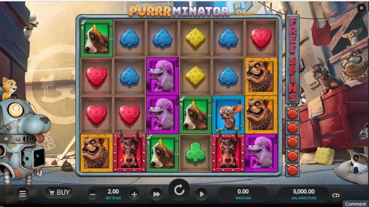 Tampilan layar utama game slot Purrrminator Dream Drop dengan latar belakang gang kota dystopian yang penuh neon.